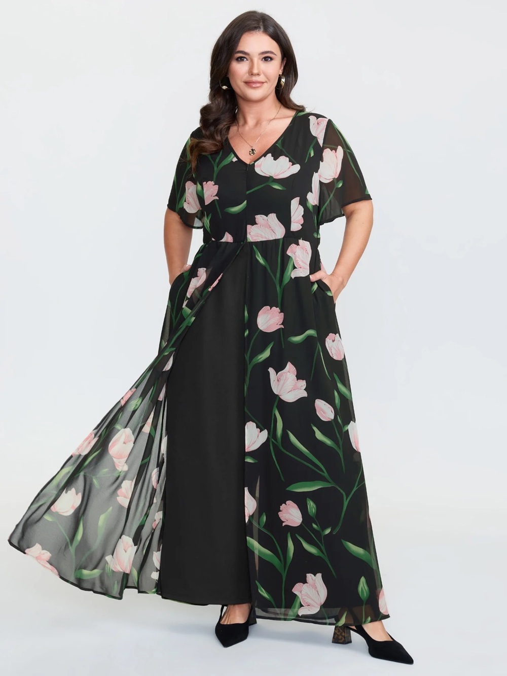 BloomChic Black Jumpsuit with Pink Floral Overlay
